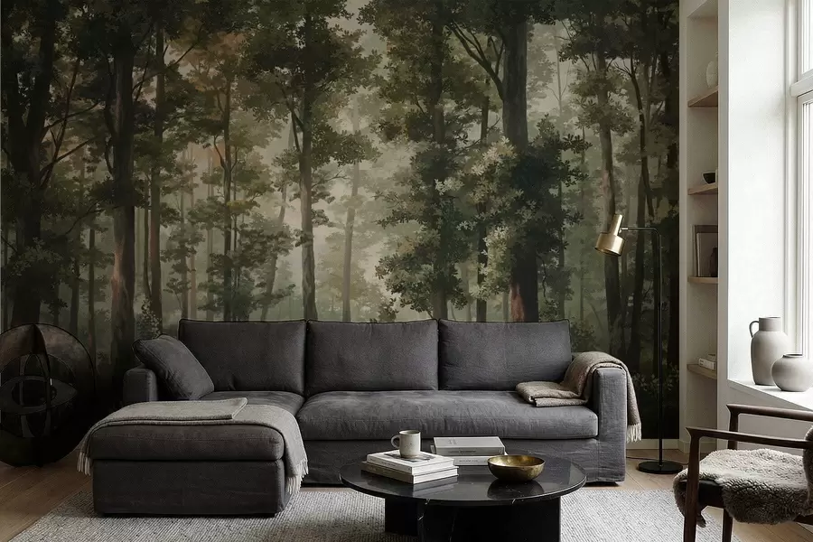 Fotobehang Bosillustratie met mist, hoge bomen en een pad w05089