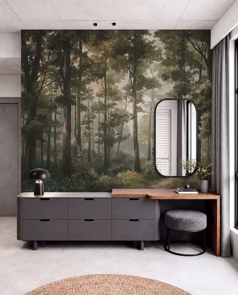 Fotobehang Bosillustratie met mist, hoge bomen en een pad w05089