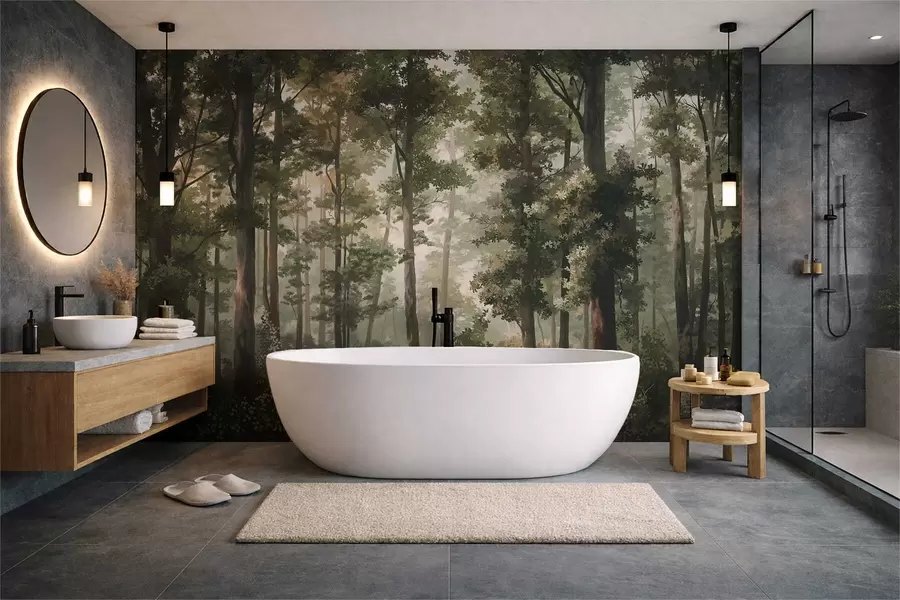 Fotobehang Bosillustratie met mist, hoge bomen en een pad w05089