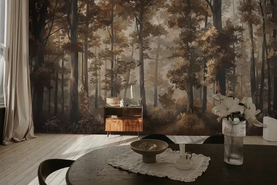 Fotobehang Herfstbos met warm licht en dichte bomen w05089v1