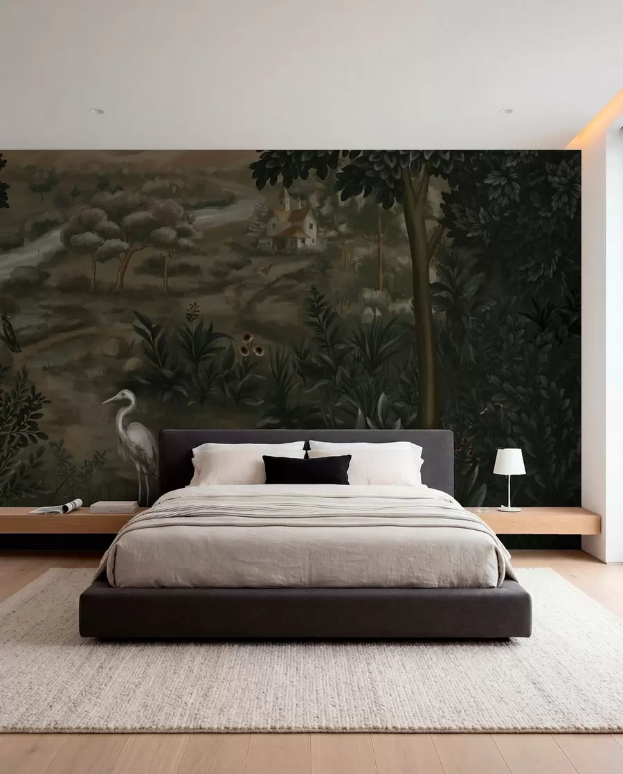 Fotobehang Fantasielandschap met rivier, huis en vogels tussen bomen w05090