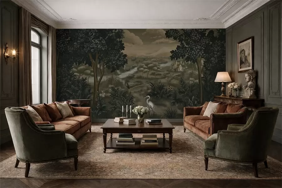 Fotobehang Fantasielandschap met rivier, huis en vogels tussen bomen w05090