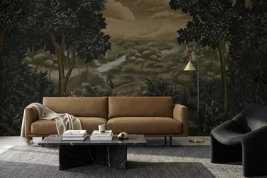 Fotobehang Fantasielandschap met rivier, huis en vogels tussen bomen w05090