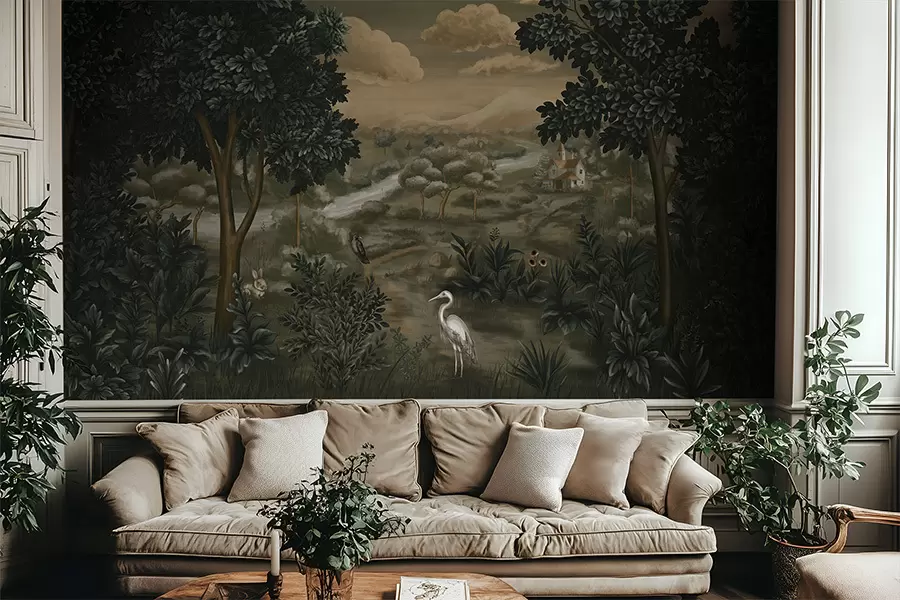 Fotobehang Fantasielandschap met rivier, huis en vogels tussen bomen w05090