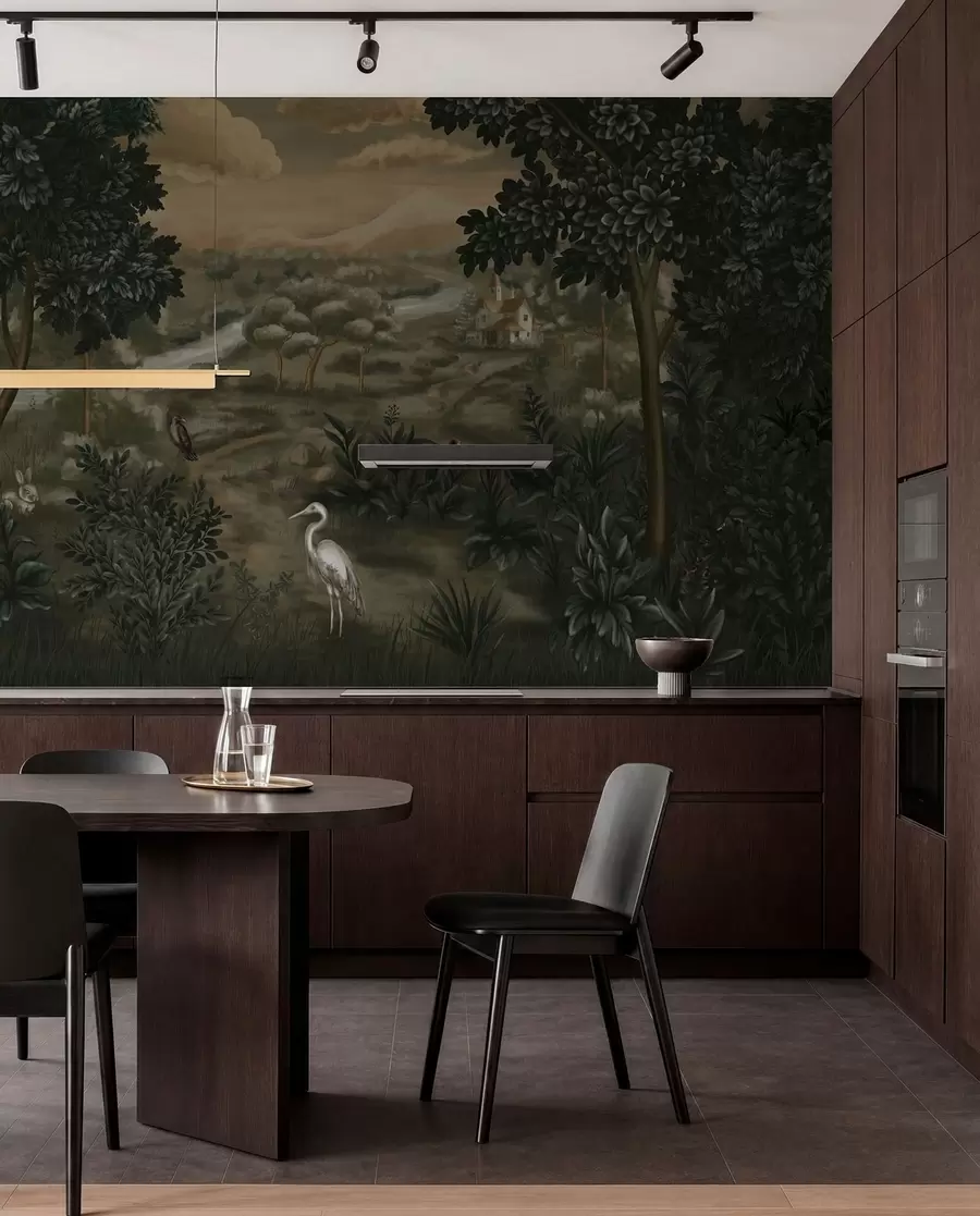 Fotobehang Fantasielandschap met rivier, huis en vogels tussen bomen w05090
