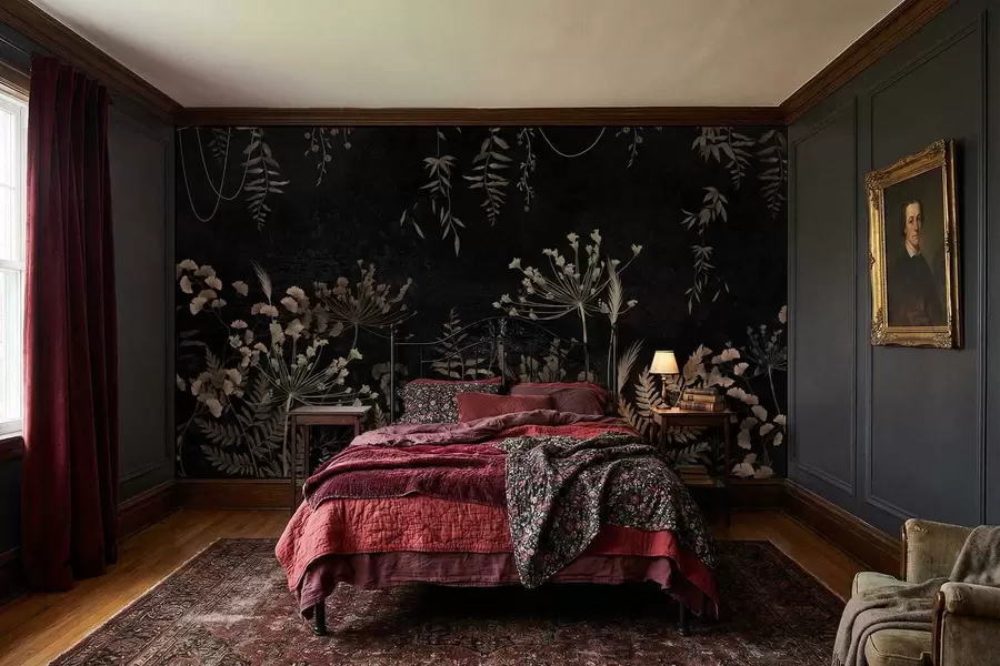 Fotobehang Donker botanisch patroon met bloemen en bladeren w05092