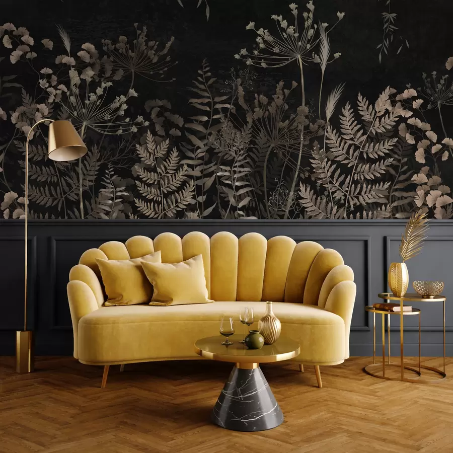 Fotobehang Donker botanisch patroon met bloemen en bladeren w05092