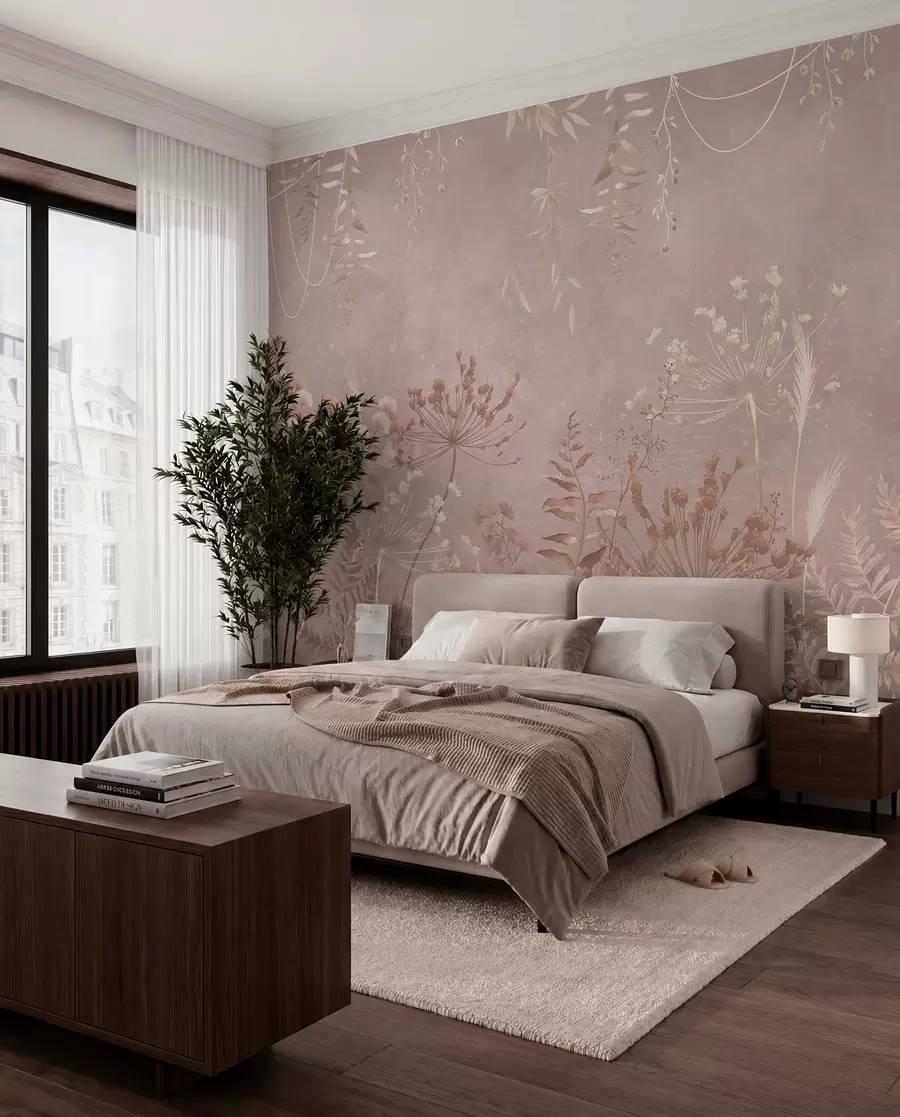 Fotobehang Zacht beige botanisch patroon met wilde bloemen w05092v2