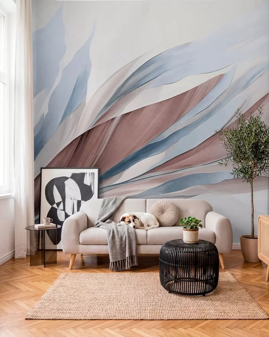 Fotobehang Abstracte golvende golven van blauw en bruin, met dunne vormen en lijnen, tegen een witte achtergrond, kunst met textuur w09585v1