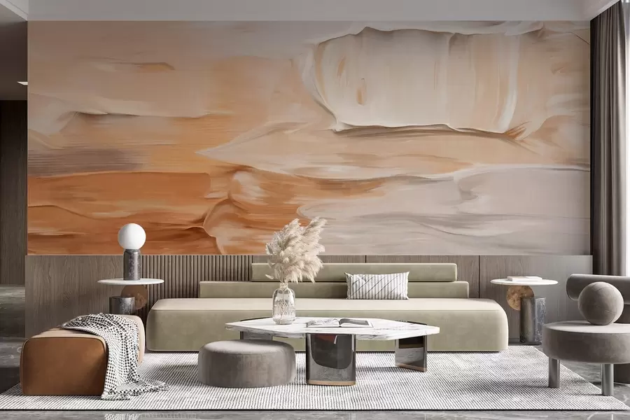 Fotobehang Abstracte imitatie van getextureerde penseelstreken in warme aardetinten van beige, crème en bruin, moderne kunst w09588