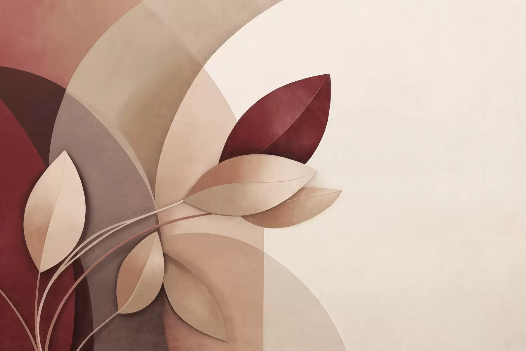 Fotobehang Abstracte tak met bladeren in bruine, beige en rode tinten, tegen een achtergrond van abstracte vormen w09618