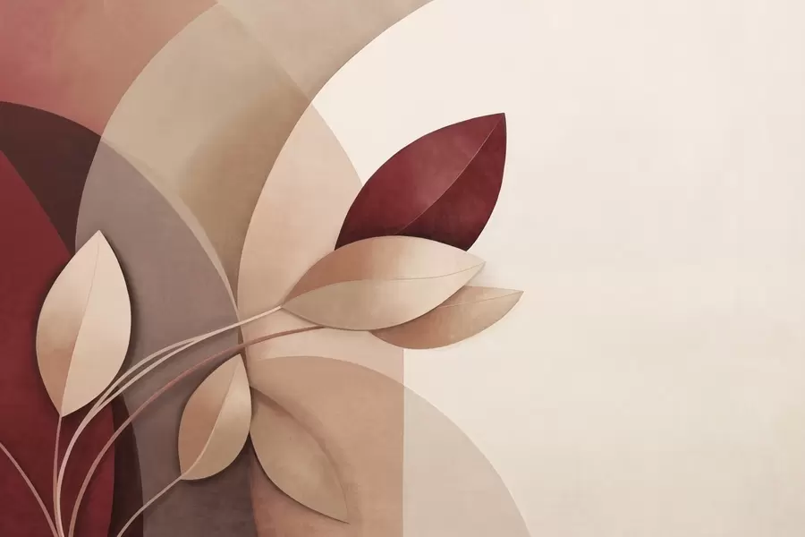 Fotobehang Abstracte tak met bladeren in bruine, beige en rode tinten, tegen een achtergrond van abstracte vormen w09618