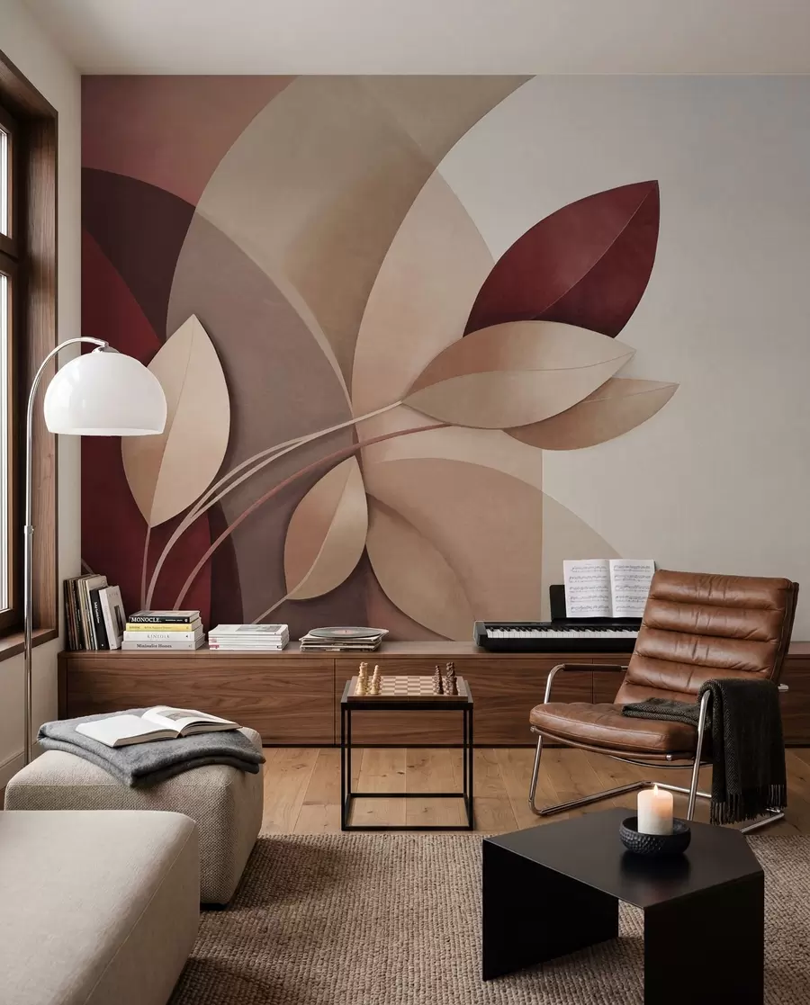 Fotobehang Abstracte tak met bladeren in bruine, beige en rode tinten, tegen een achtergrond van abstracte vormen w09618