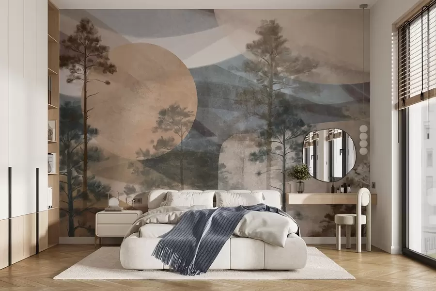Fotobehang Hoge dennenbomen in een gedempt landschap met textuur, abstracte cirkelvormige vormen en gelaagde bergen in aardetinten. w09636