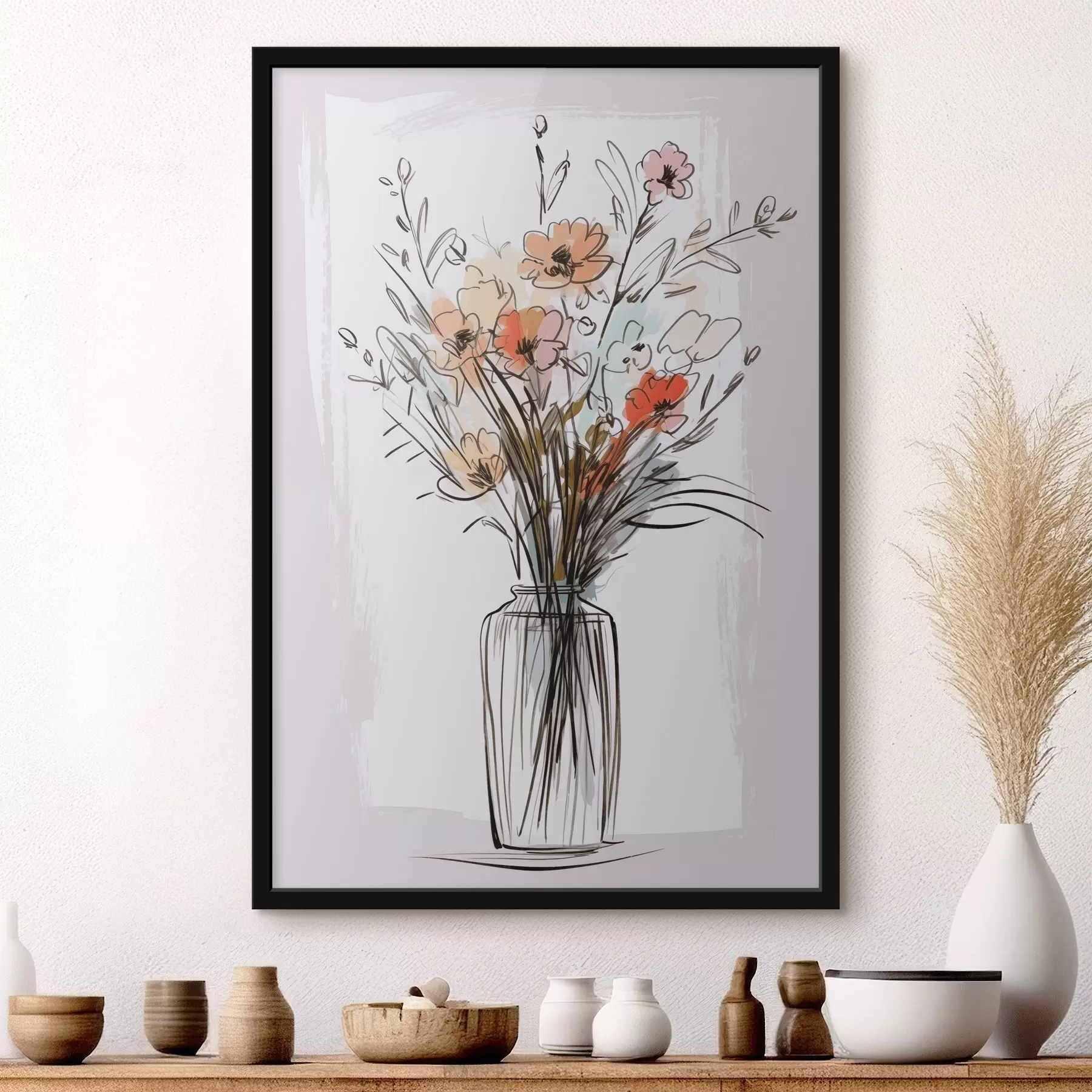 Fotobehang Bloemen in een vaas, imitatie van een tekening f47495