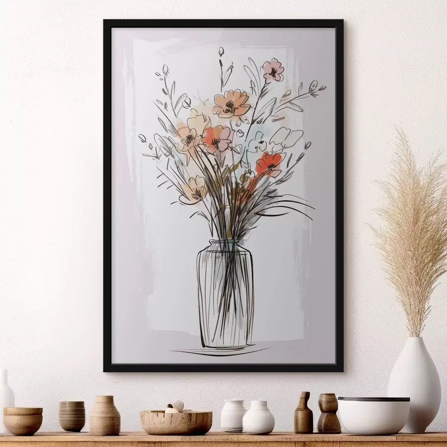 Fotobehang Bloemen in een vaas, imitatie van een tekening f47495