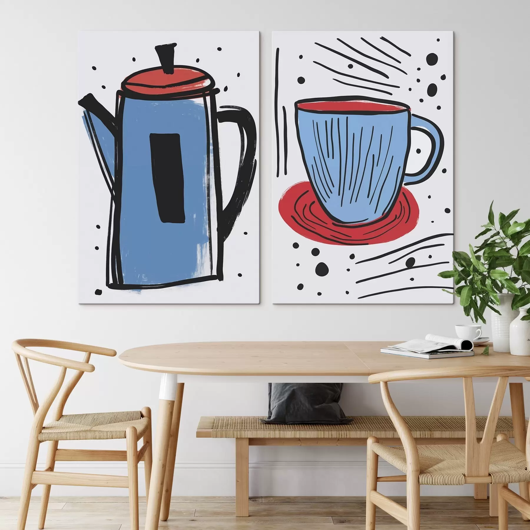  Schilderijen Koffiepot en kopje imitatie van een primitieve tekening m01225