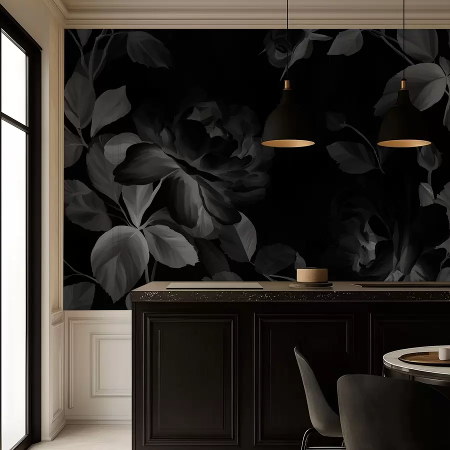 Fotobehang zwart-witte pittoreske rozen in de stijl van een olieverfschilderij  w04873v1