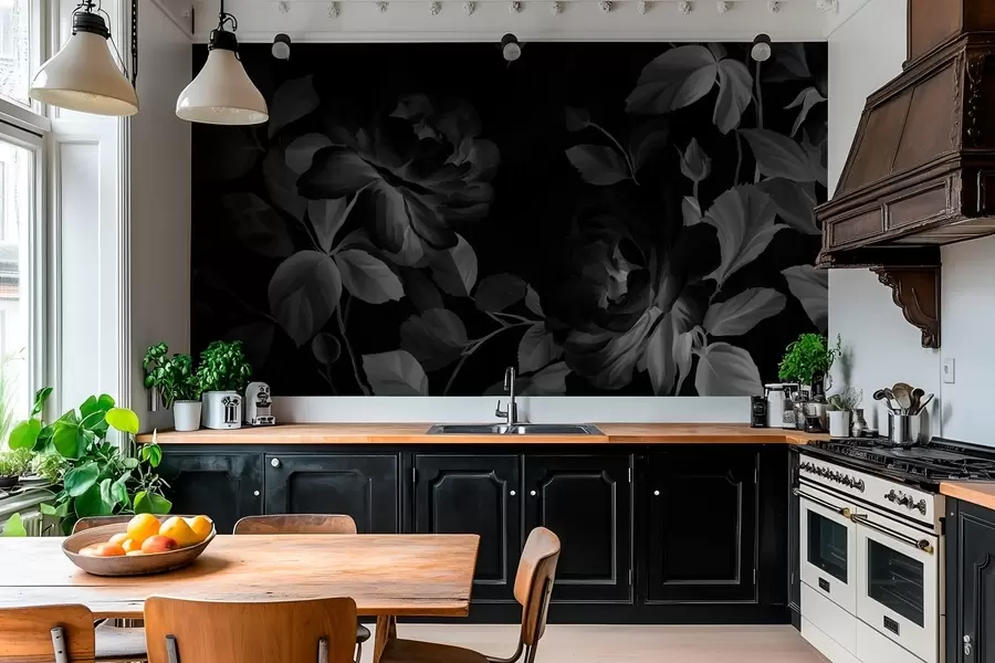 Fotobehang zwart-witte pittoreske rozen in de stijl van een olieverfschilderij  w04873v1