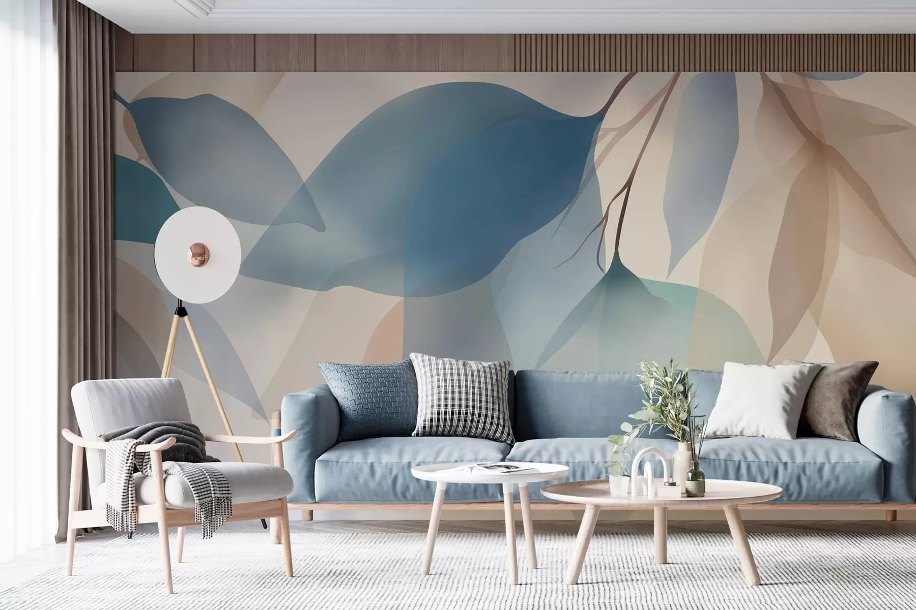 Fotobehang elegante, halfdoorzichtige bladeren in blauw- en beigetinten w05060