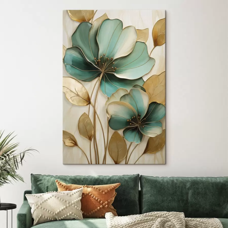  Schilderijen Grote blauwgroene en gele bloemen met contouren, omgeven door gele bladeren tegen een abstracte achtergrond s47418