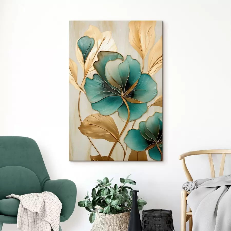  Schilderijen Grote blauwgroene en gele bloemen met contouren, omgeven door gele bladeren tegen een abstracte achtergrond s47419