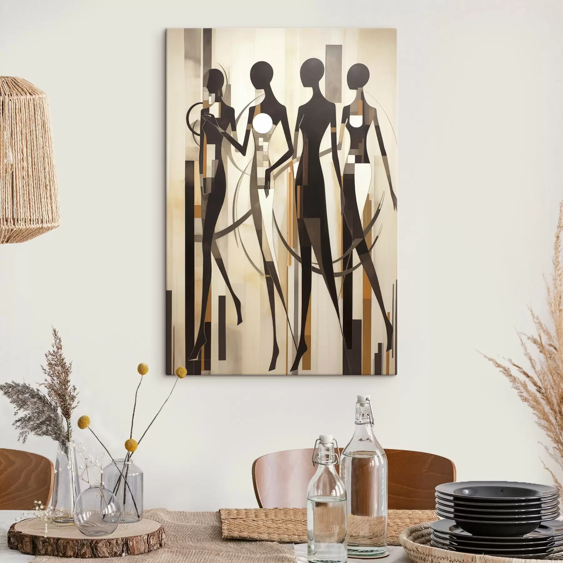  Schilderijen Gestileerde vrouwelijke figuren met geometrische elementen tegen een abstracte achtergrond van verticale lijnen s47423