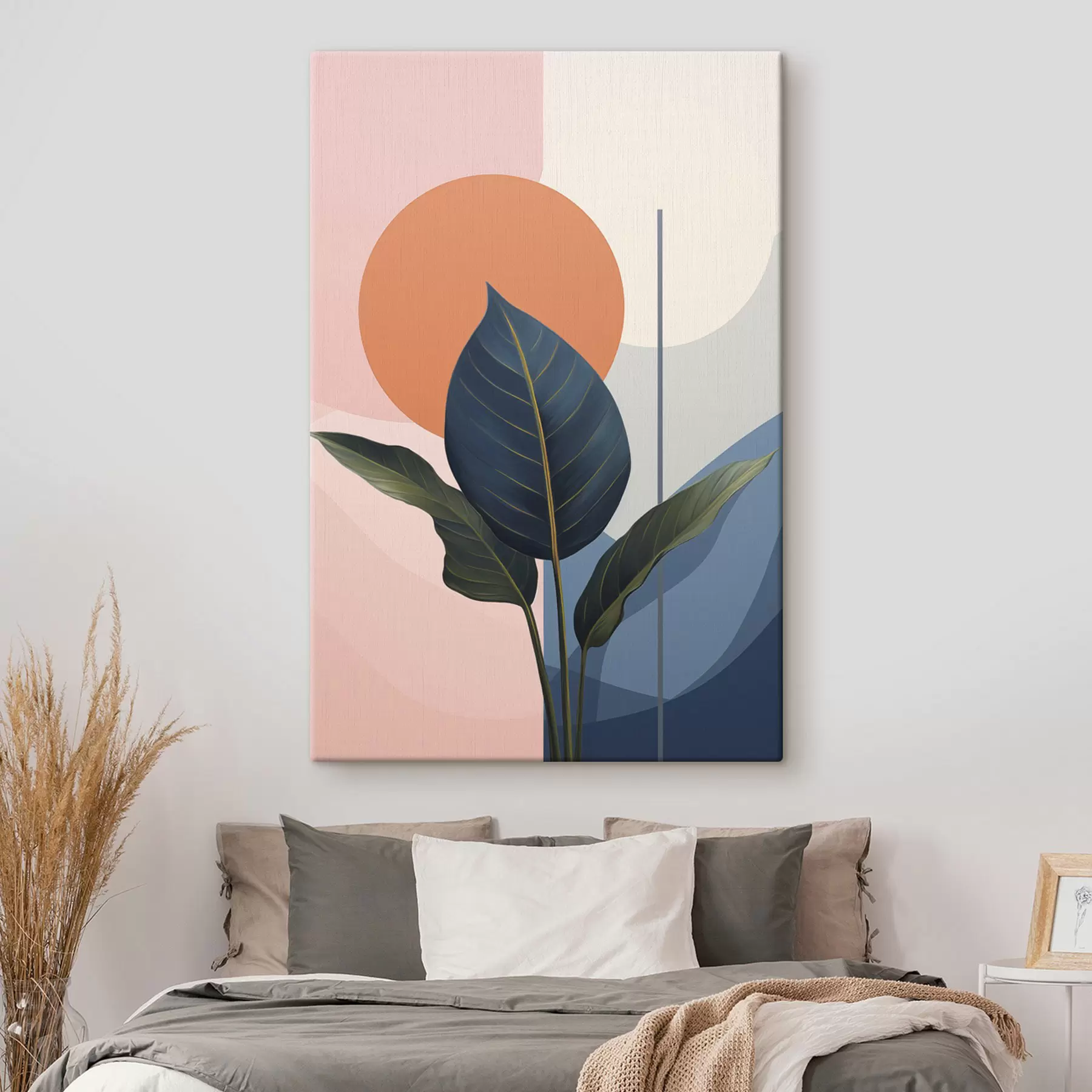  Schilderijen Donkere bladeren tegen een achtergrond van abstracte vormen in perzikkleur en grijs met een oranje cirkel s47425