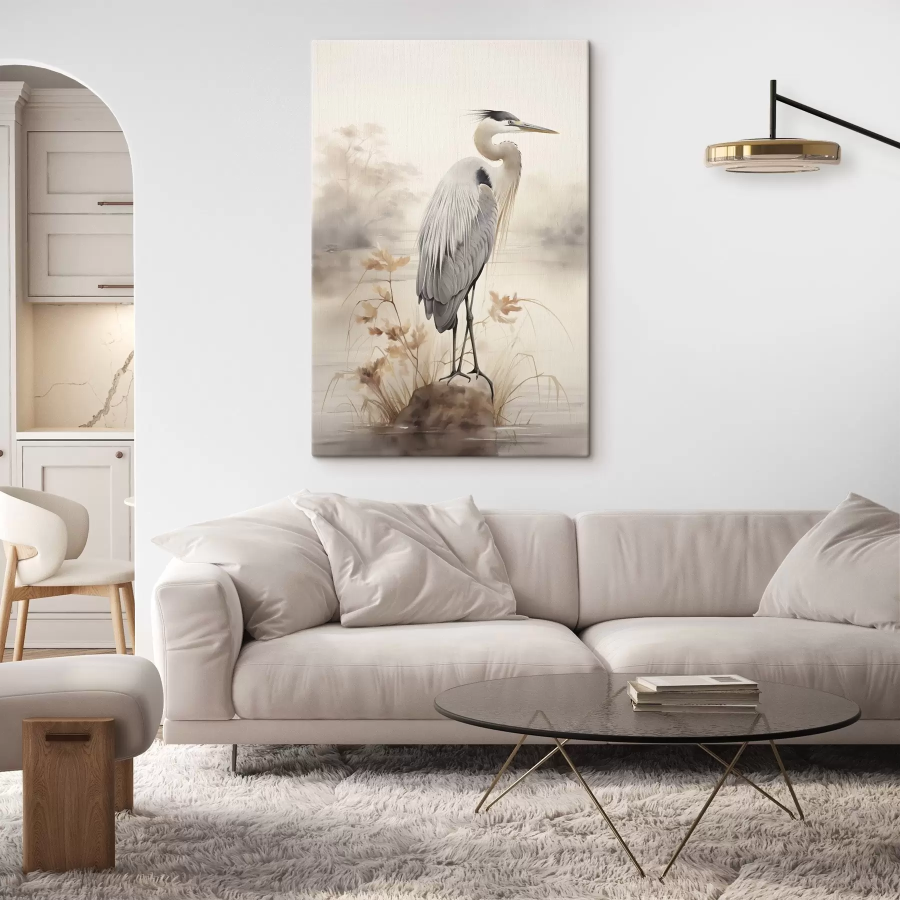  Schilderijen Een reiger staat op een rots in een meer met hoog gras en bomen op de achtergrond. s47426