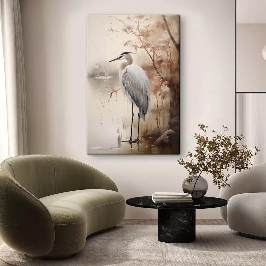  Schilderijen Een reiger staat op een rots in een meer met hoog gras en bomen op de achtergrond. s47427