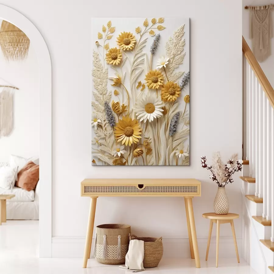  Schilderijen Een collectie met textuur van gele en witte madeliefjes met gedroogde grassen en lavendeltakjes op een witte achtergrond s47430