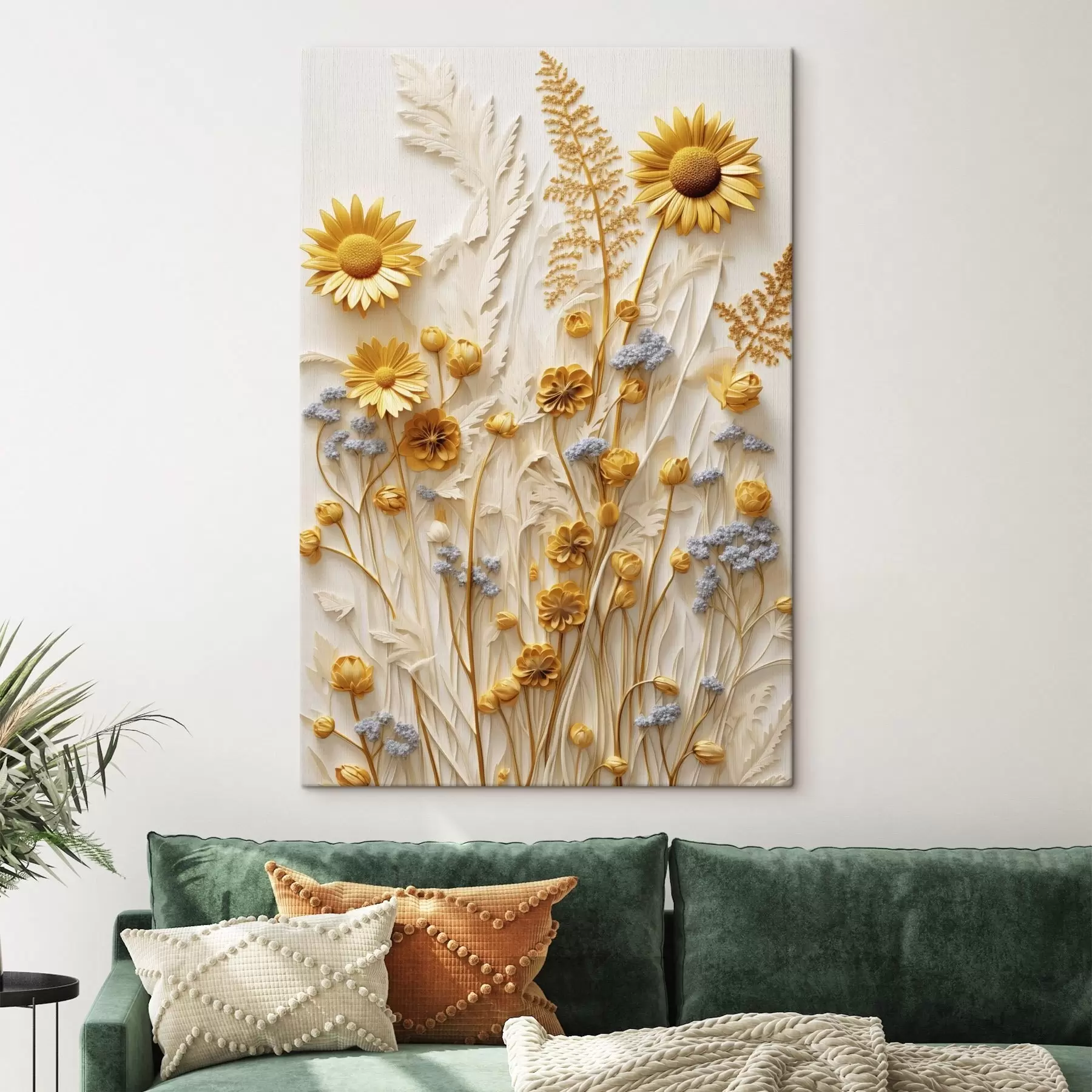  Schilderijen Een collectie met textuur van gele en witte madeliefjes met gedroogde grassen en lavendeltakjes op een witte achtergrond s47431