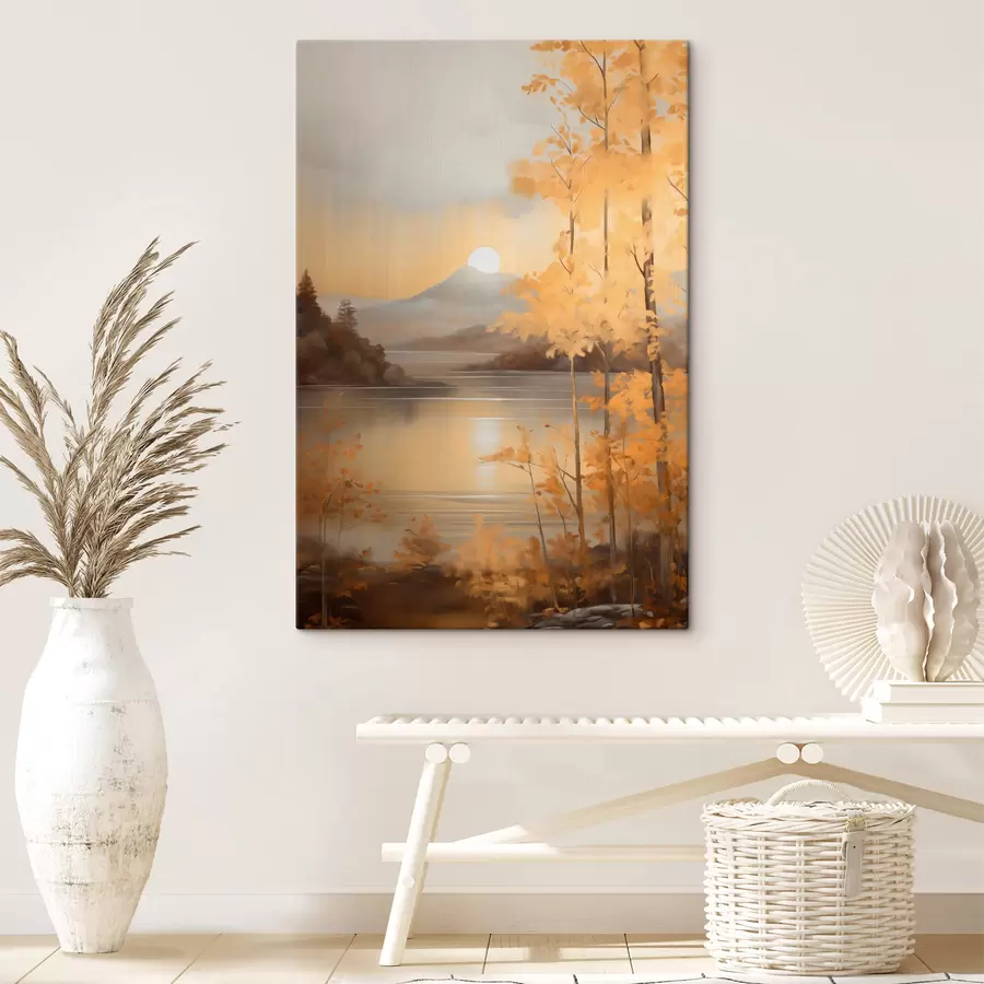  Schilderijen Herfstbomen met oranje bladeren omlijsten een rustig meer met bergen in de verte onder een bewolkte hemel. s47440