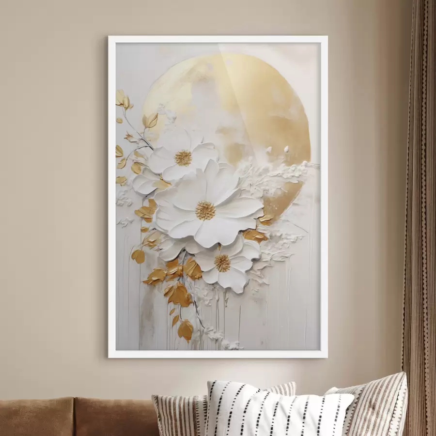 Fotobehang Witte bloemen met gele accenten en delicate bladeren tegen een gestructureerde achtergrond, moderne kunst f47414