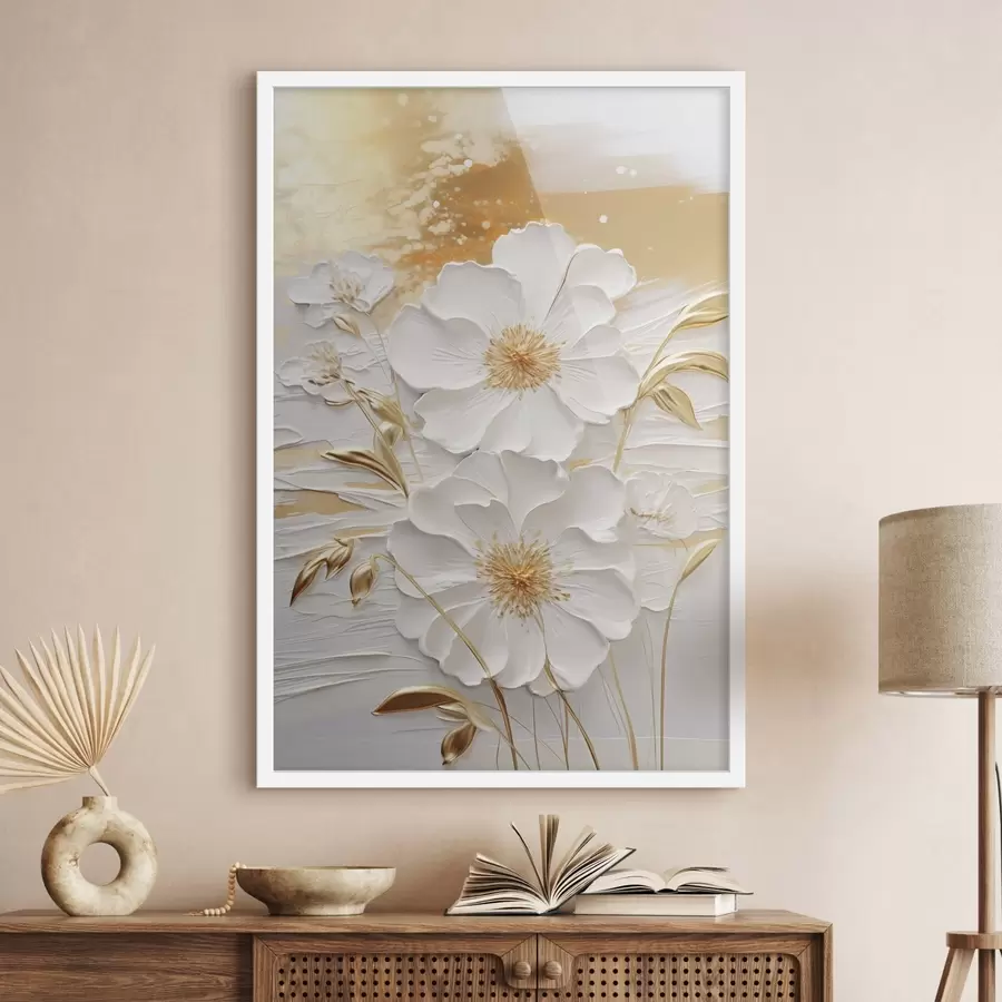 Fotobehang Witte bloemen met gele accenten en delicate bladeren tegen een gestructureerde achtergrond, moderne kunst f47415