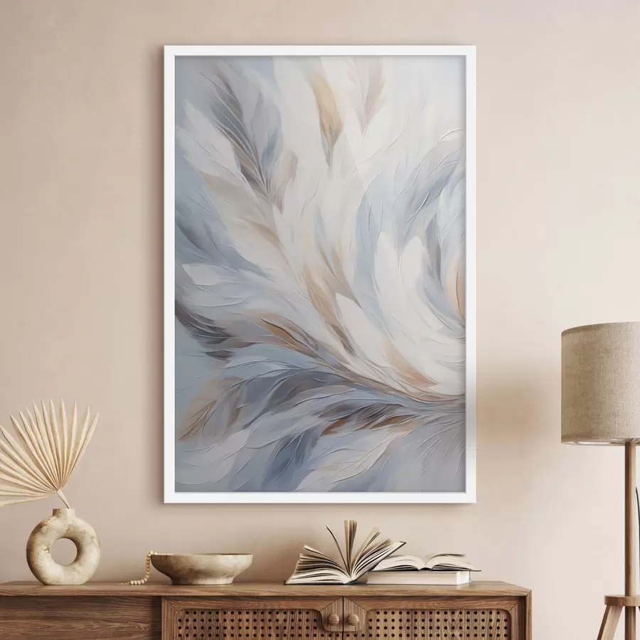 Fotobehang Abstract schilderij van veren in tinten wit, blauw en bruin, met een zachte, vloeiende textuur en een lichte achtergrond. f47417