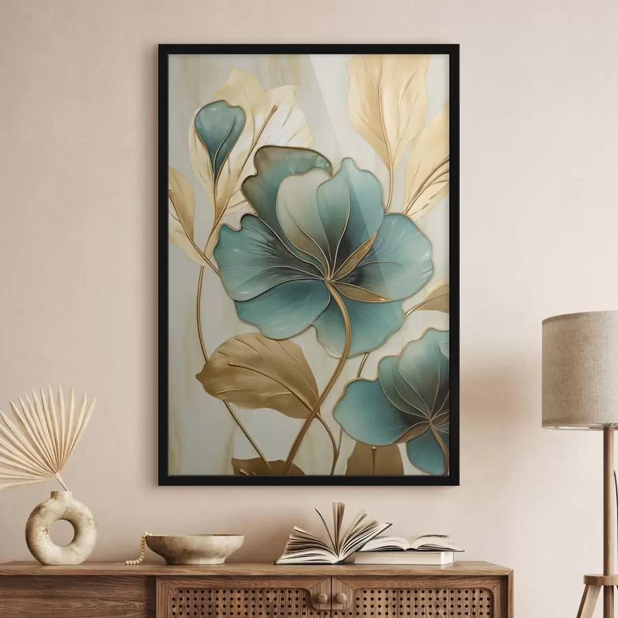 Fotobehang Grote blauwgroene en gele bloemen met contouren, omgeven door gele bladeren tegen een abstracte achtergrond f47419