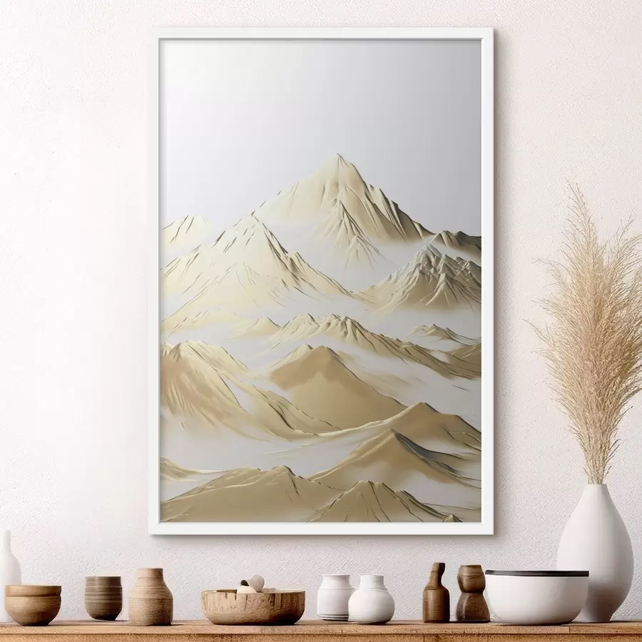 Fotobehang Een landschap van gele, met sneeuw bedekte bergen met scherpe toppen en diepe valleien onder een heldere hemel. f47421