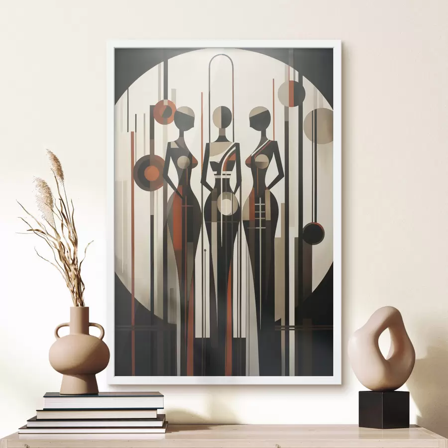 Fotobehang Gestileerde vrouwelijke figuren met geometrische elementen tegen een abstracte achtergrond van verticale lijnen en cirkels f47422