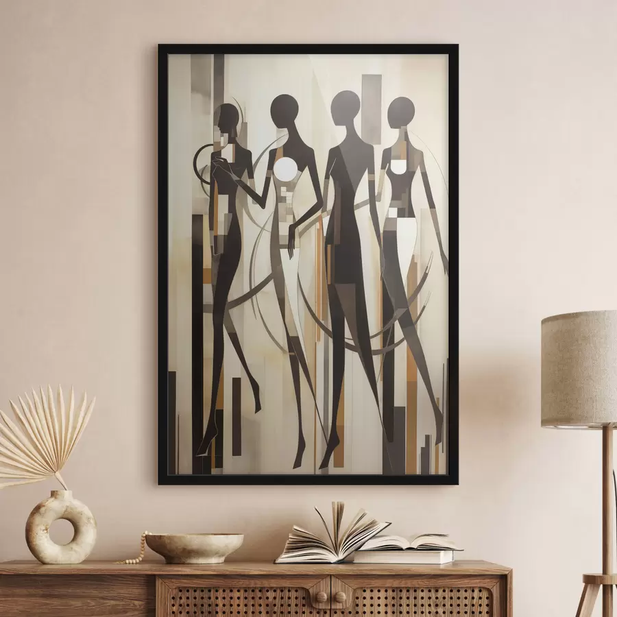 Fotobehang Gestileerde vrouwelijke figuren met geometrische elementen tegen een abstracte achtergrond van verticale lijnen f47423