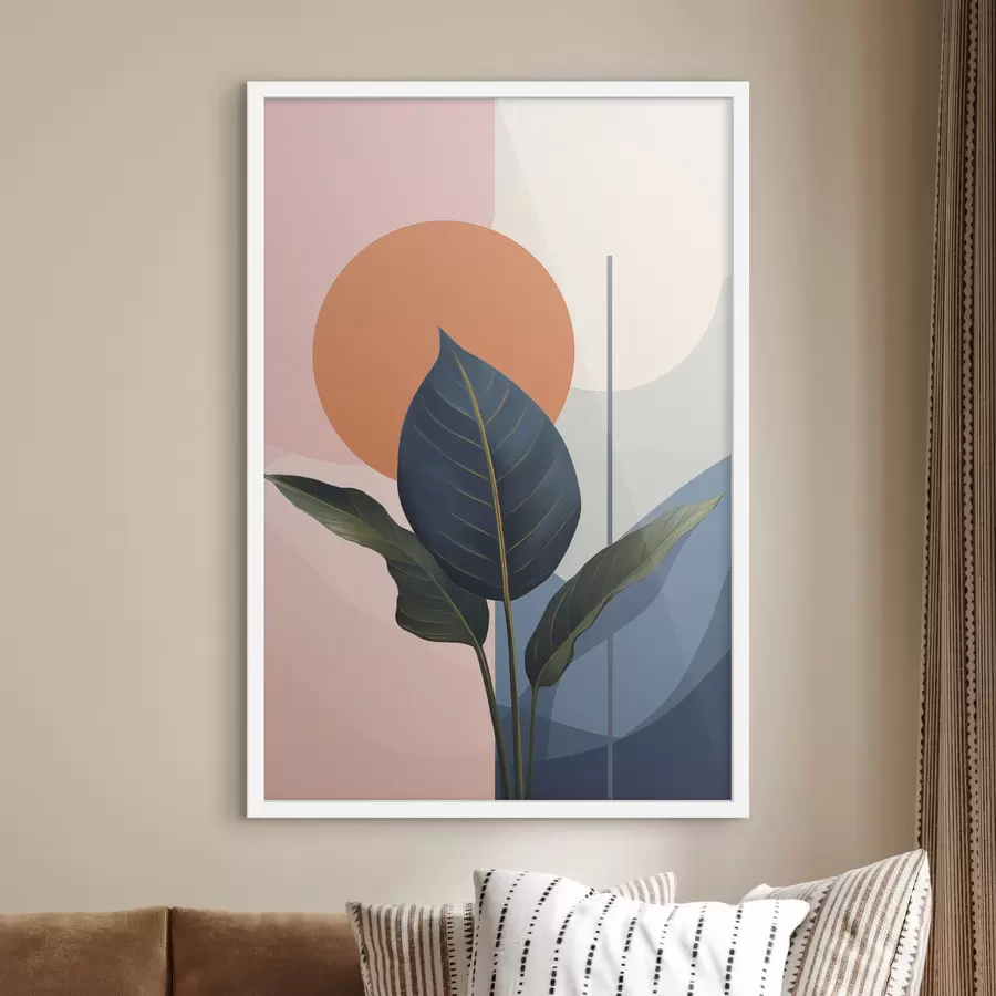 Fotobehang Donkere bladeren tegen een achtergrond van abstracte vormen in perzikkleur en grijs met een oranje cirkel f47425