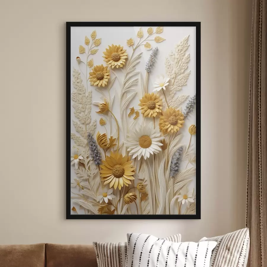 Fotobehang Een collectie met textuur van gele en witte madeliefjes met gedroogde grassen en lavendeltakjes op een witte achtergrond f47430