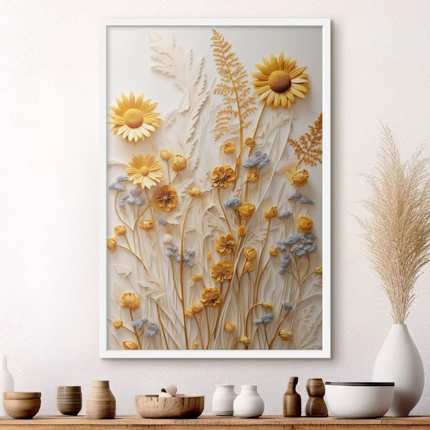  Schilderijen Een collectie met textuur van gele en witte madeliefjes met gedroogde grassen en lavendeltakjes op een witte achtergrond f47431