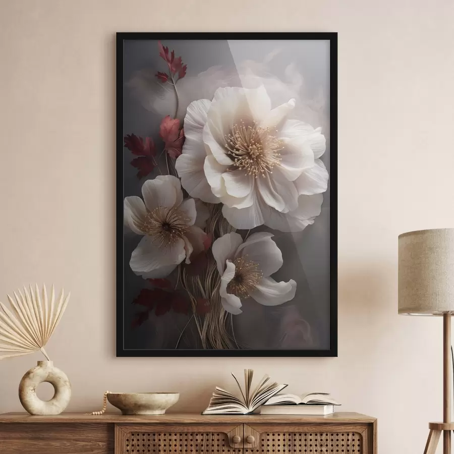 Fotobehang Delicate pioenrozen met dunne, ijle bloemblaadjes, omgeven door donkerrode bladeren tegen een abstracte achtergrond f47434