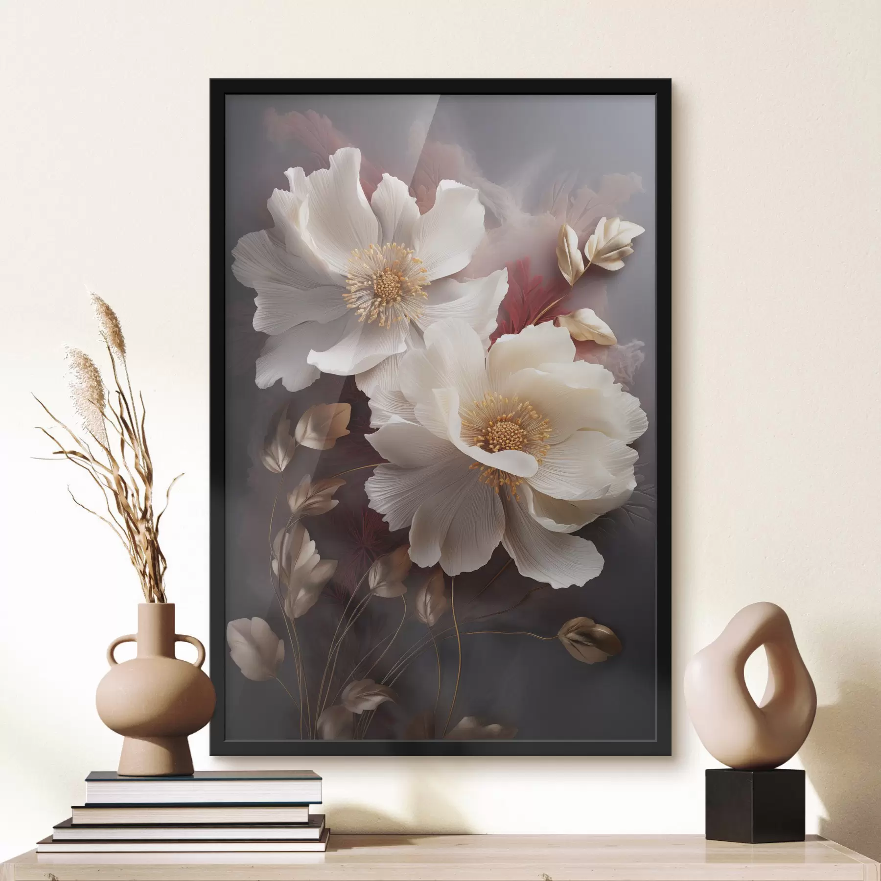 Fotobehang Delicate pioenrozen met dunne, ijle bloemblaadjes, omgeven door donkerrode en gele bladeren tegen een abstracte achtergrond f47435