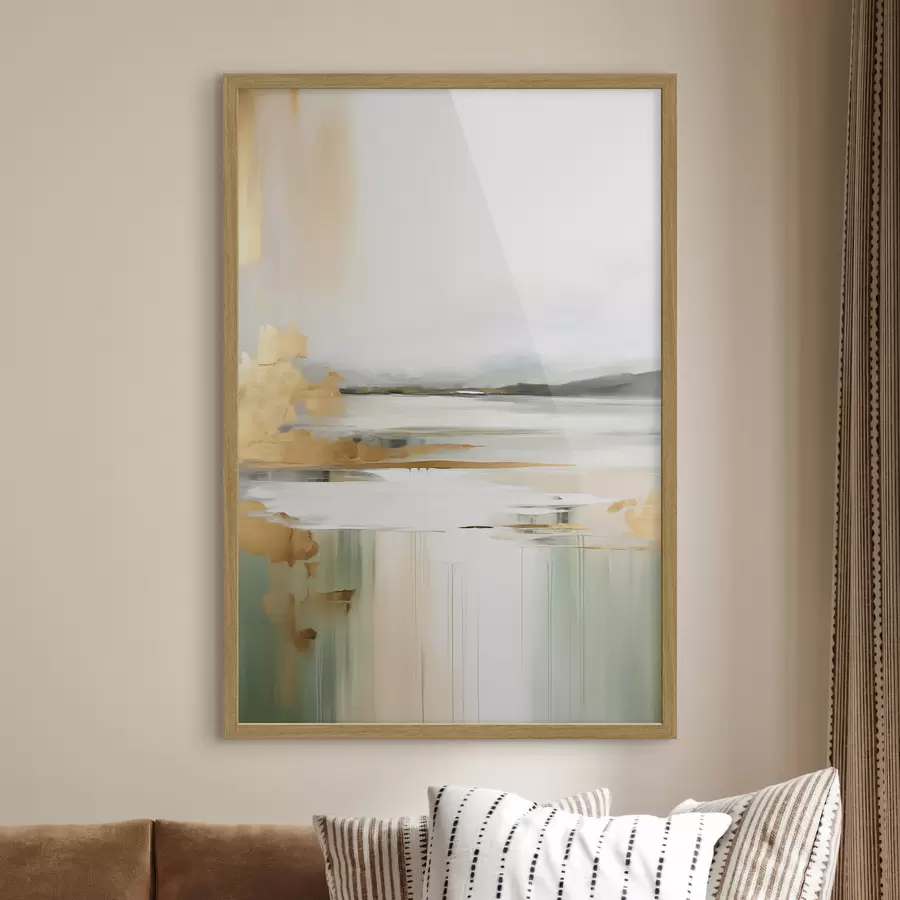 Fotobehang Abstract landschap met gele en groene tinten, water dat de lucht en verre bergen weerspiegelt, bleke, wazige lucht f47438