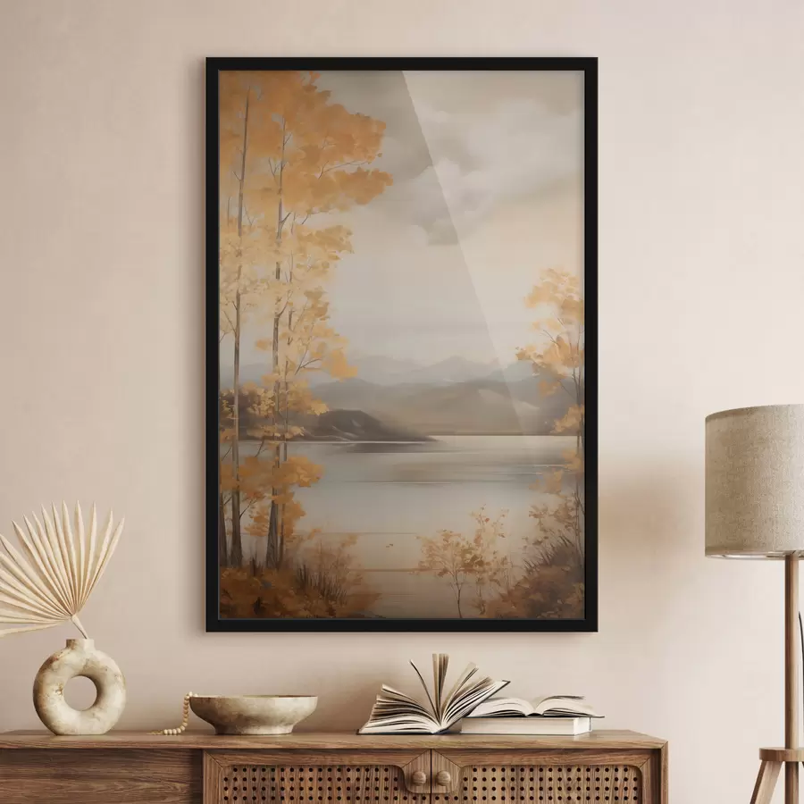 Fotobehang Herfstbomen met oranje bladeren omlijsten een rustig meer met bergen in de verte onder een bewolkte hemel. f47441