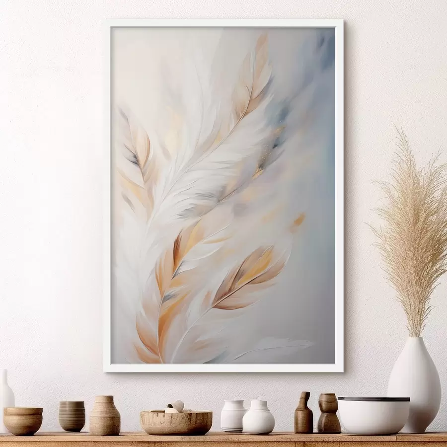 Fotobehang Grote, zachte veren met een mix van witte, gele en bruine tinten, tegen een lichte, abstracte achtergrond. f47443