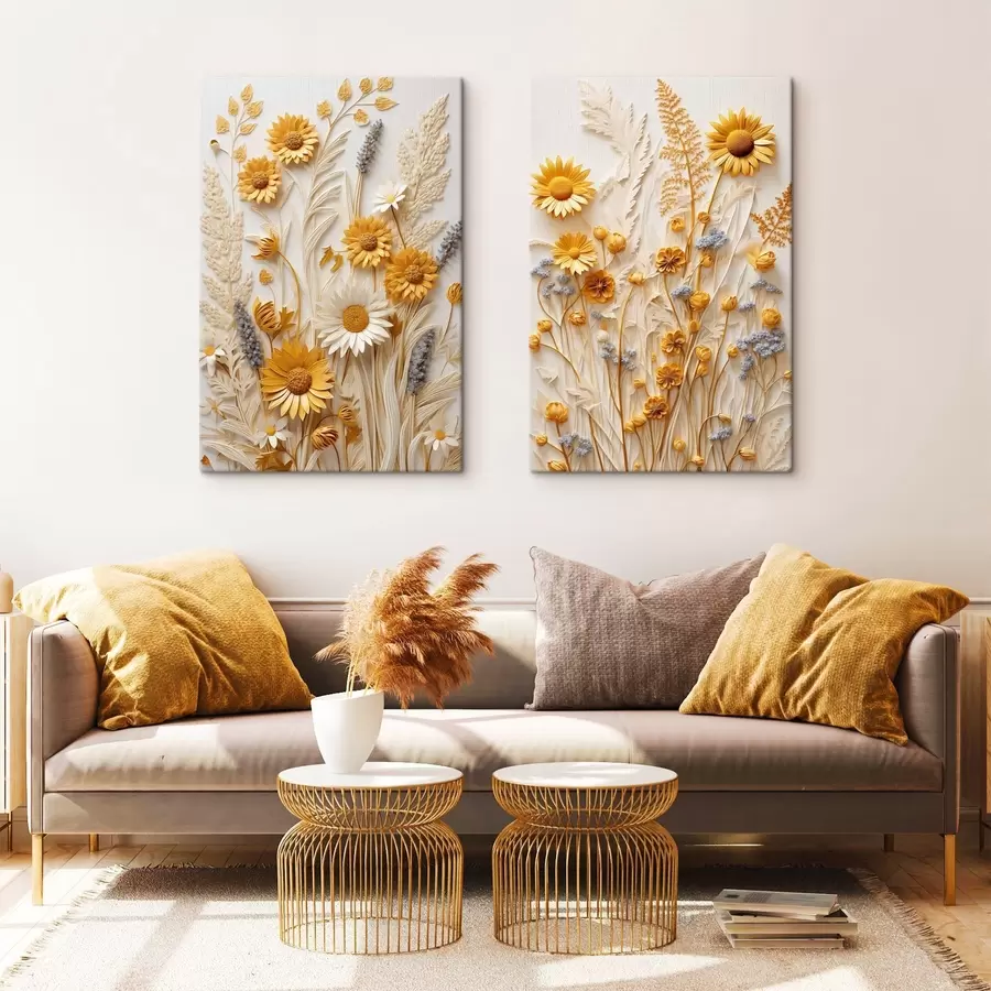  Schilderijen Een collectie met textuur van gele en witte madeliefjes met gedroogde grassen en lavendeltakjes op een witte achtergrond m01241