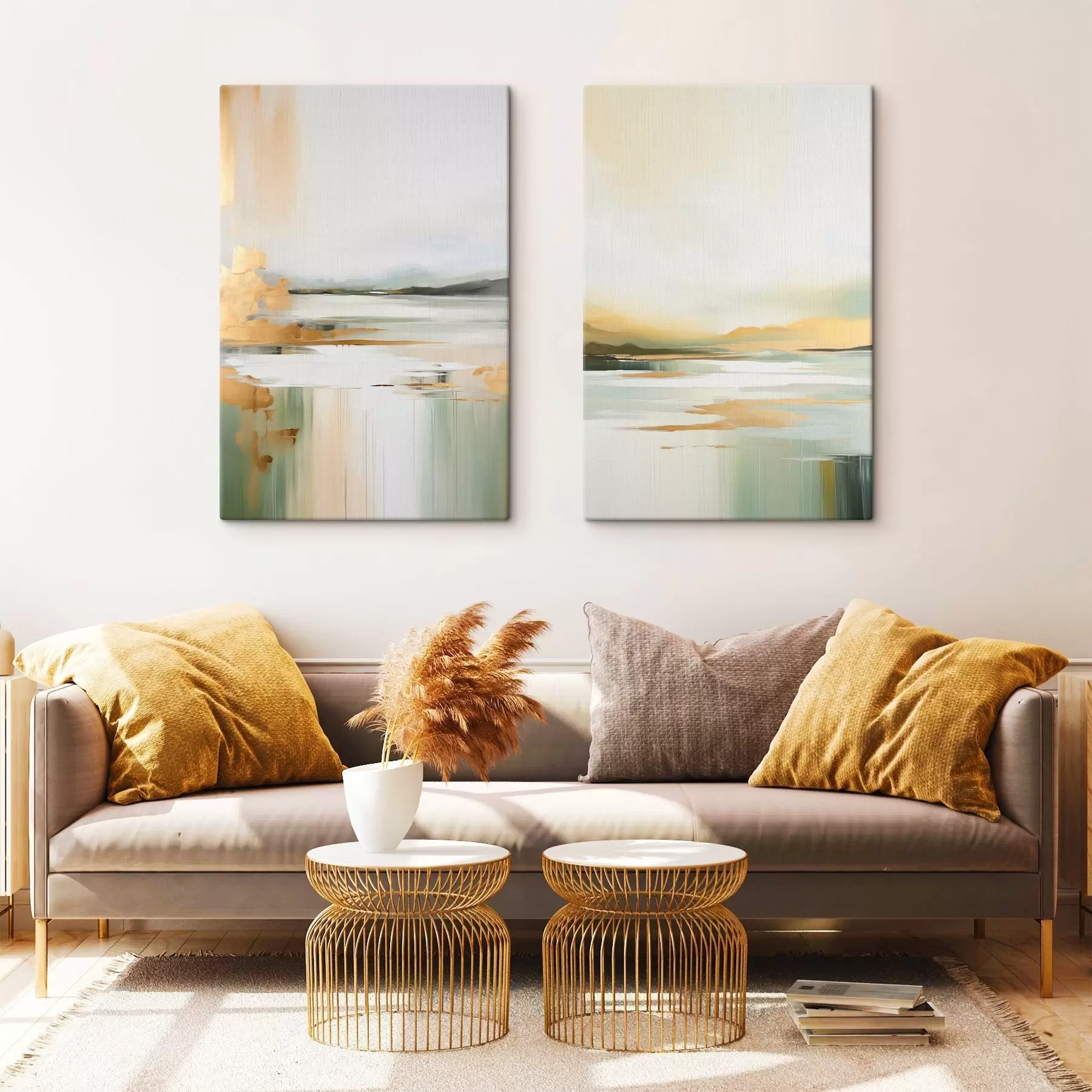 Fotobehang Abstract landschap met gele en groene tinten, water dat de lucht en verre bergen weerspiegelt, bleke, wazige lucht m01245